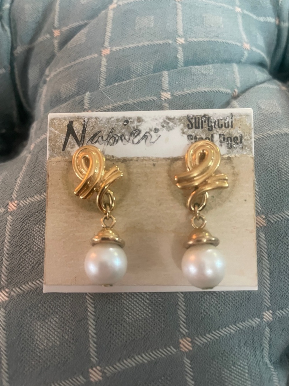 Vintage Napier Gold-Tone Knot Drop Earrings with White Faux Pearls